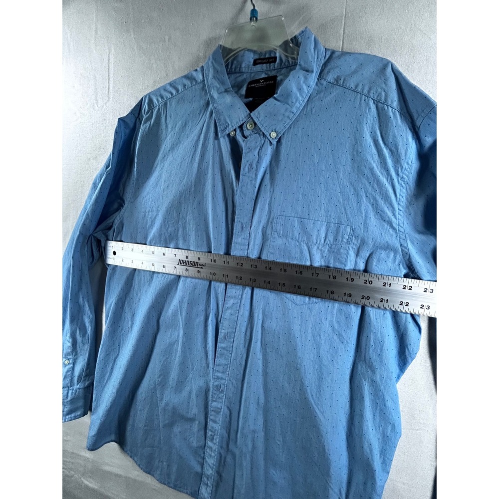 American Eagle Mens XXL Blue Seriously Soft Dot Button Down Shirt Long Sleeve - Picture 6 of 14
